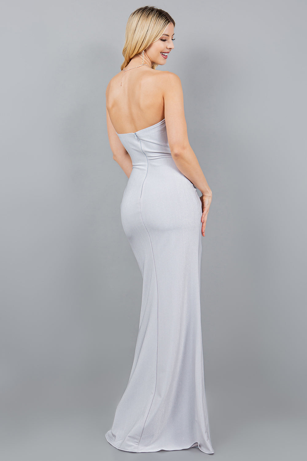 Prom Dresses Fitted Long Metallic Formal Slit Prom Dress Silver