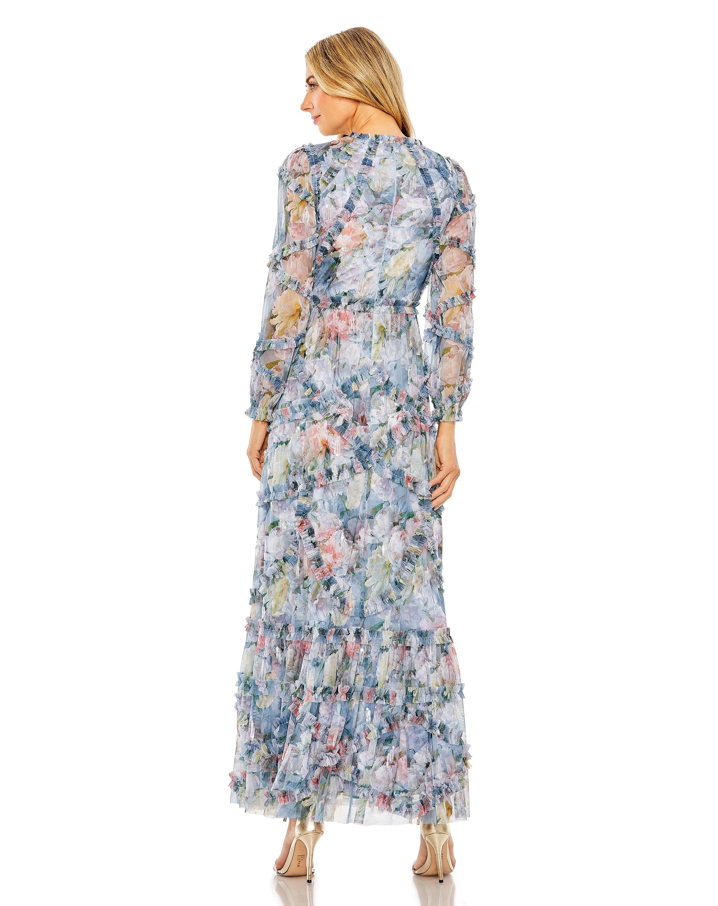 Formal Dresses Long Sleeve Formal Ruffle Gown Platinum Multi