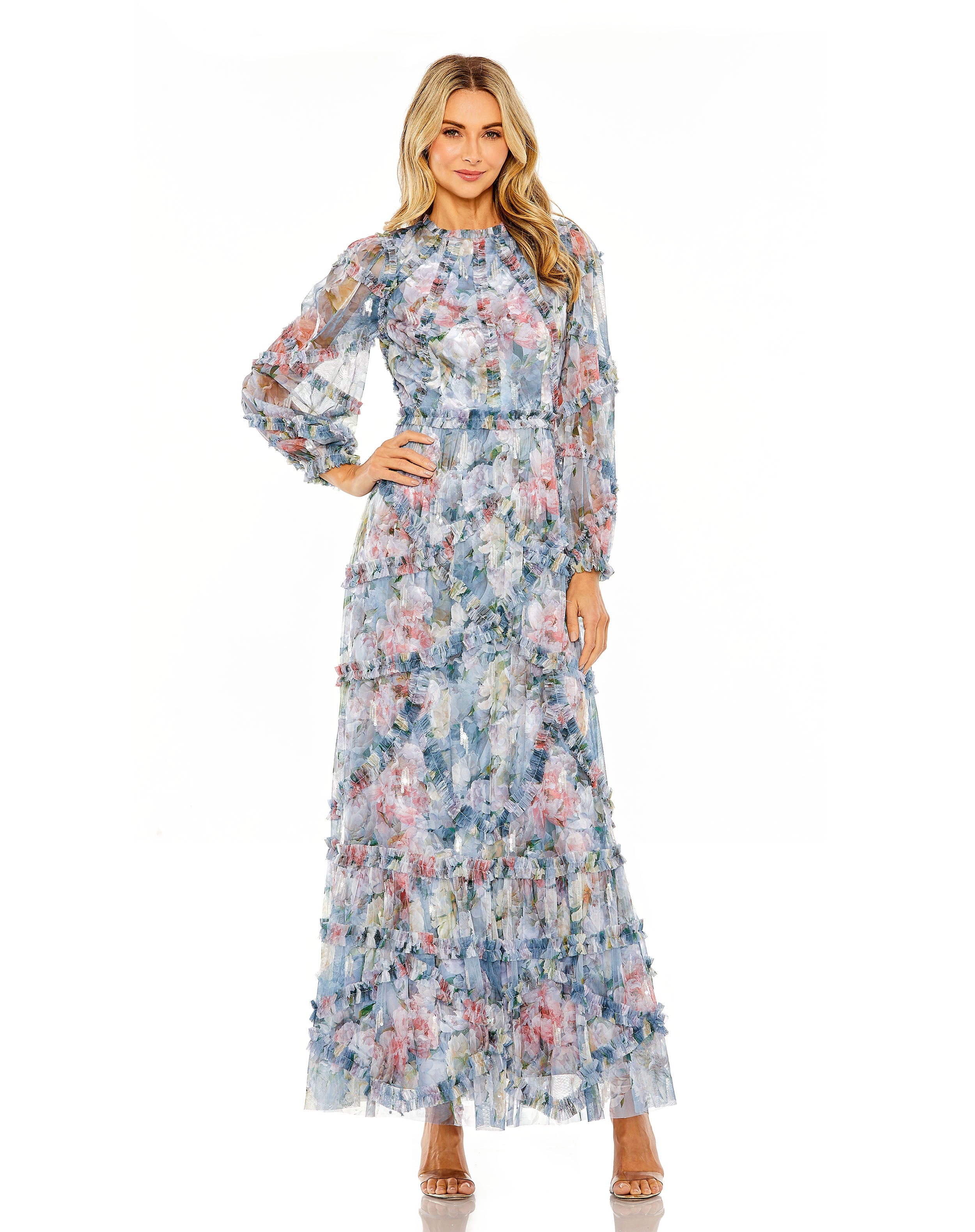 Formal Dresses Long Sleeve Formal Ruffle Gown Platinum Multi