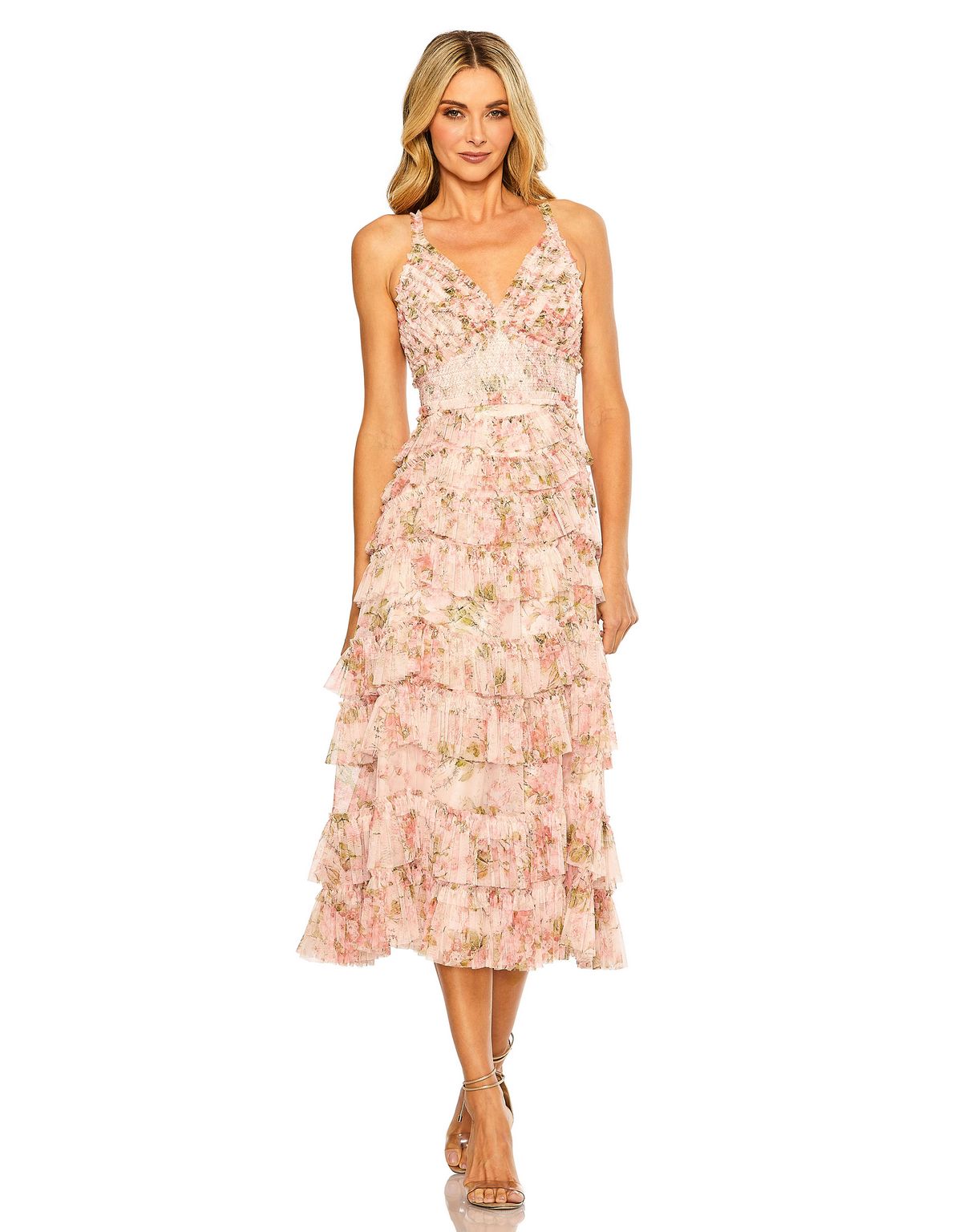 Cocktail Dresses Midi Length Ruffle A Line Cocktail Dress Blush Multi