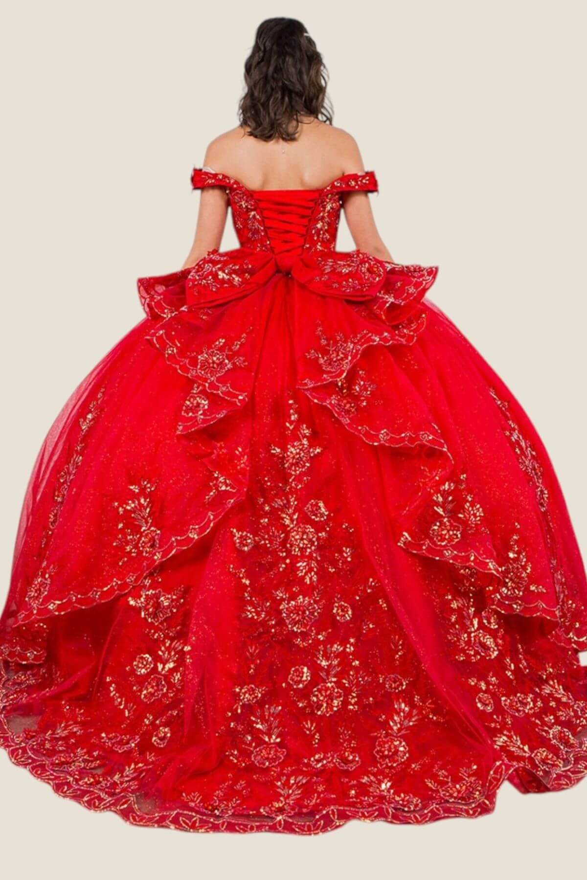 Red Sweetheart Floor Length Glitter Tulle Quinceanera Ball Gown with 3D Beaded Applique Cinderella Couture 8100J