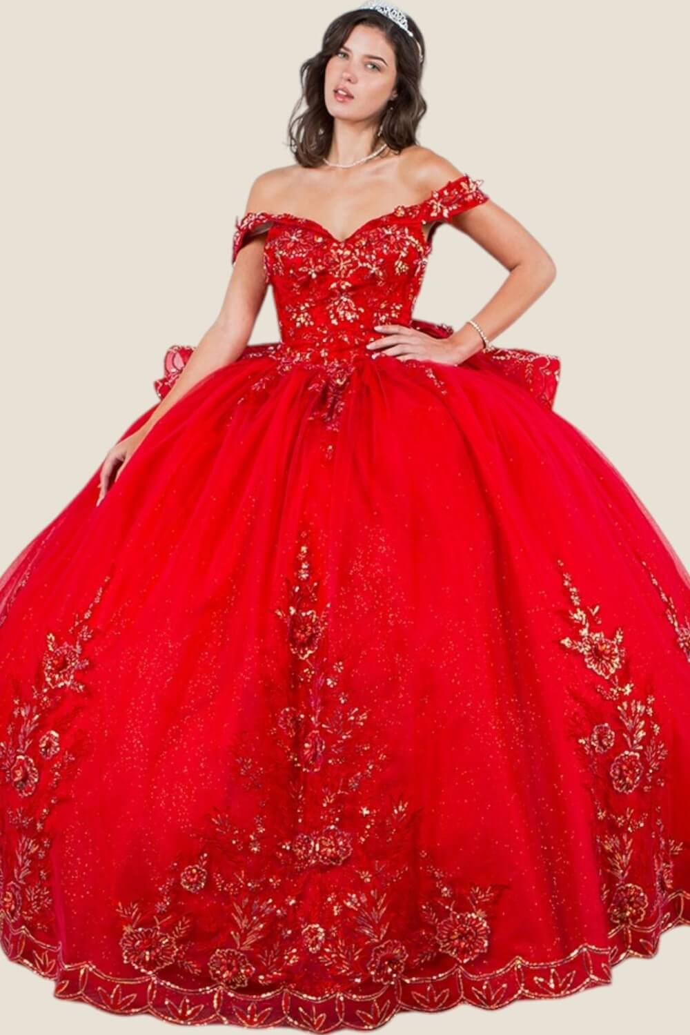 Red Sweetheart Floor Length Glitter Tulle Quinceanera Ball Gown with 3D Beaded Applique Cinderella Couture 8100J
