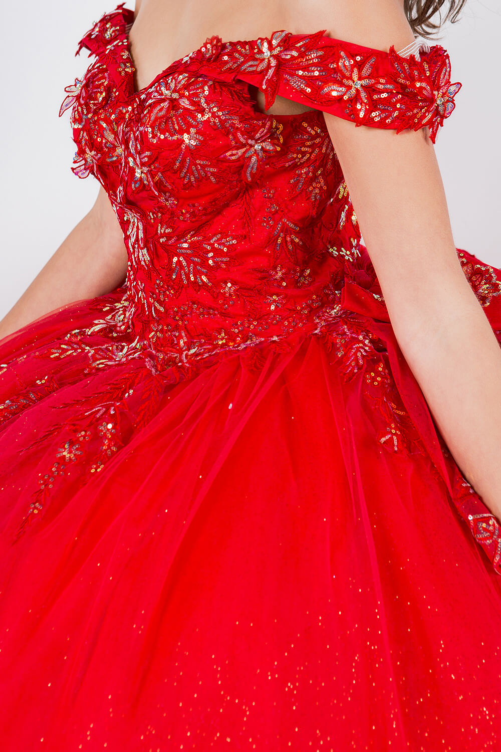 Red Sweetheart Floor Length Glitter Tulle Quinceanera Ball Gown with 3D Beaded Applique Cinderella Couture 8100J