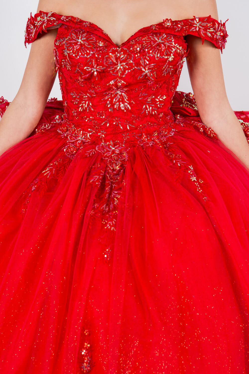 Red Sweetheart Floor Length Glitter Tulle Quinceanera Ball Gown with 3D Beaded Applique Cinderella Couture 8100J