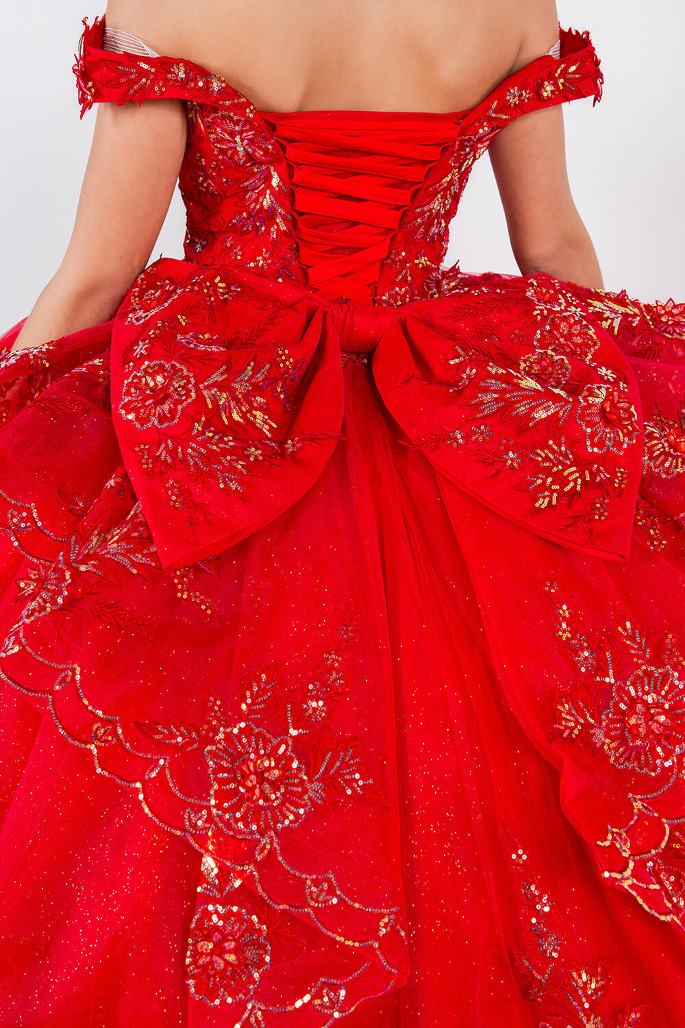 Red Sweetheart Floor Length Glitter Tulle Quinceanera Ball Gown with 3D Beaded Applique Cinderella Couture 8100J