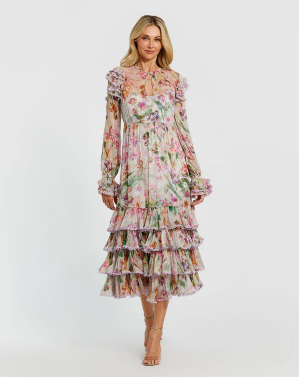 Floral Ruffle Short Dress Midi Length Cocktail Mac Duggal 8102