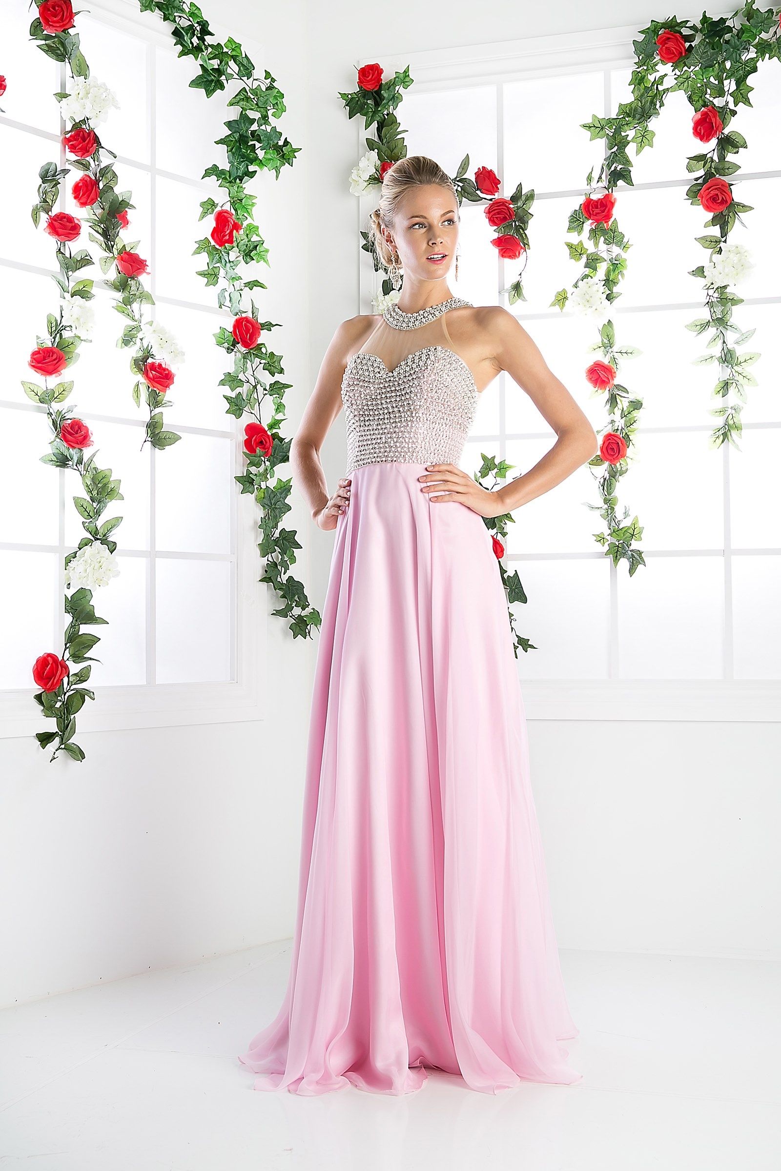 LaDivine 8107 Long Beaded A Line Formal Evening Dress