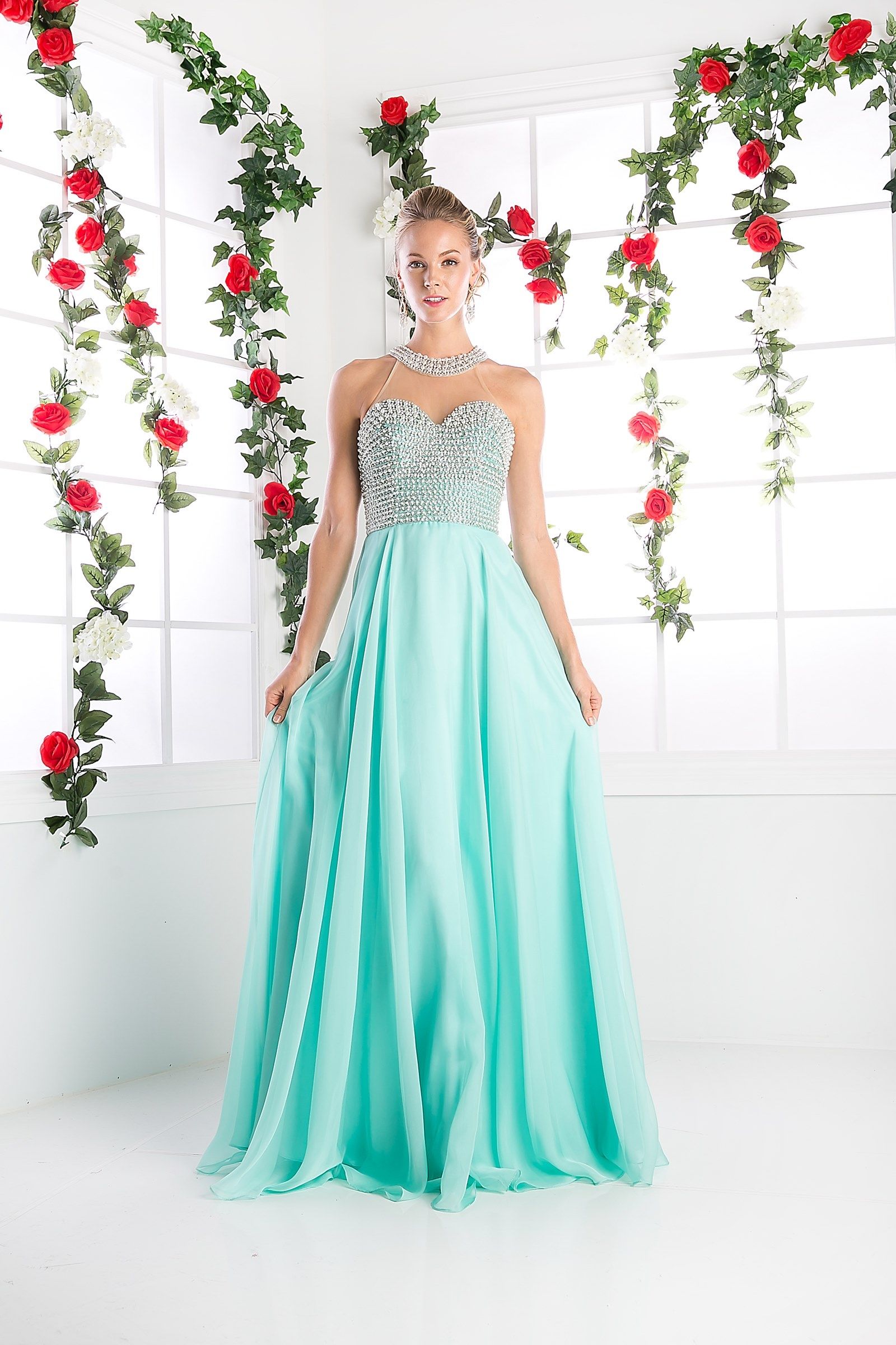 LaDivine 8107 Long Beaded A Line Formal Evening Dress
