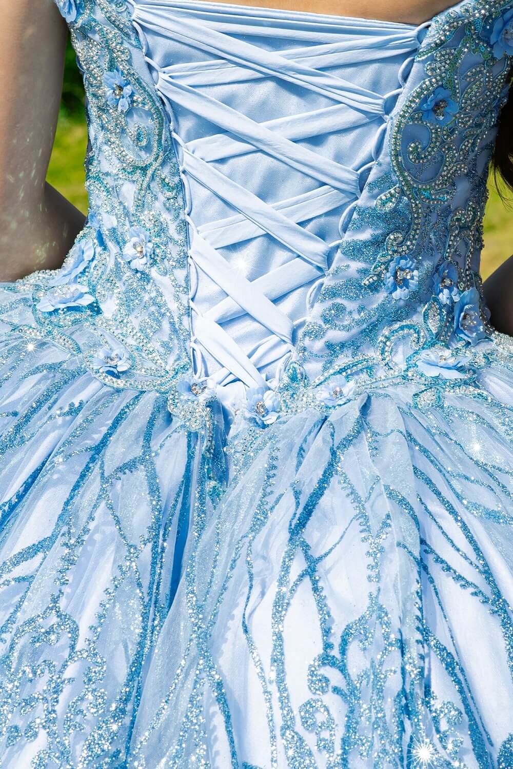 Blue Sweetheart Floor Length Ombre Tulle Quinceanera Ball Gown with Sheer Corset Bodice Cinderella Couture 8110J
