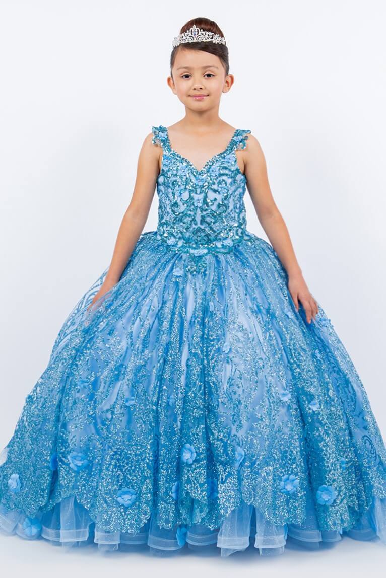 Blue V Neck Floor Length Glitter Tulle Flower Girl Quinceanera Ball Gown with Lace Applique and Corset Back Cinderella Couture 8110