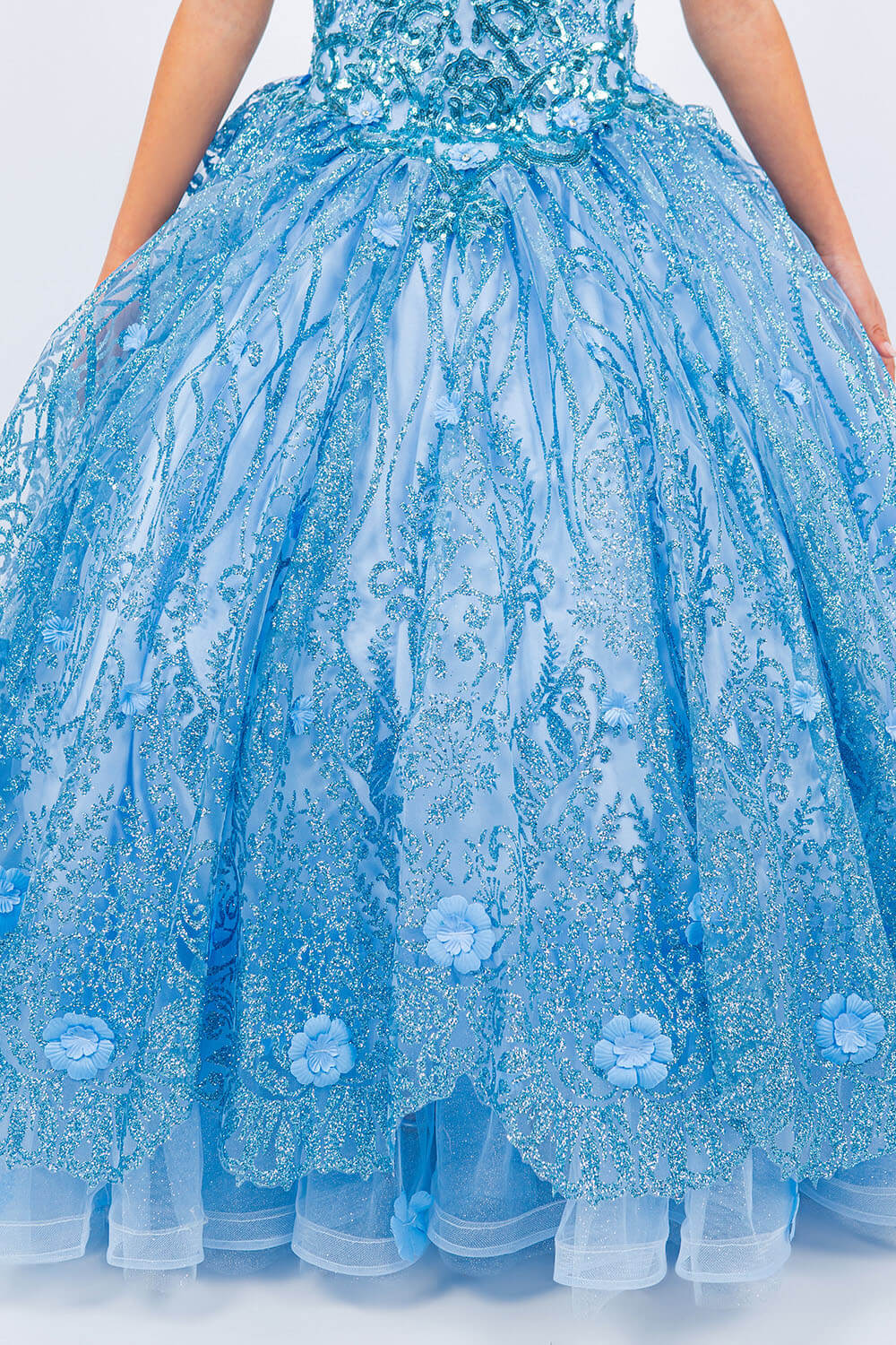 Blue V Neck Floor Length Glitter Tulle Flower Girl Quinceanera Ball Gown with Lace Applique and Corset Back Cinderella Couture 8110