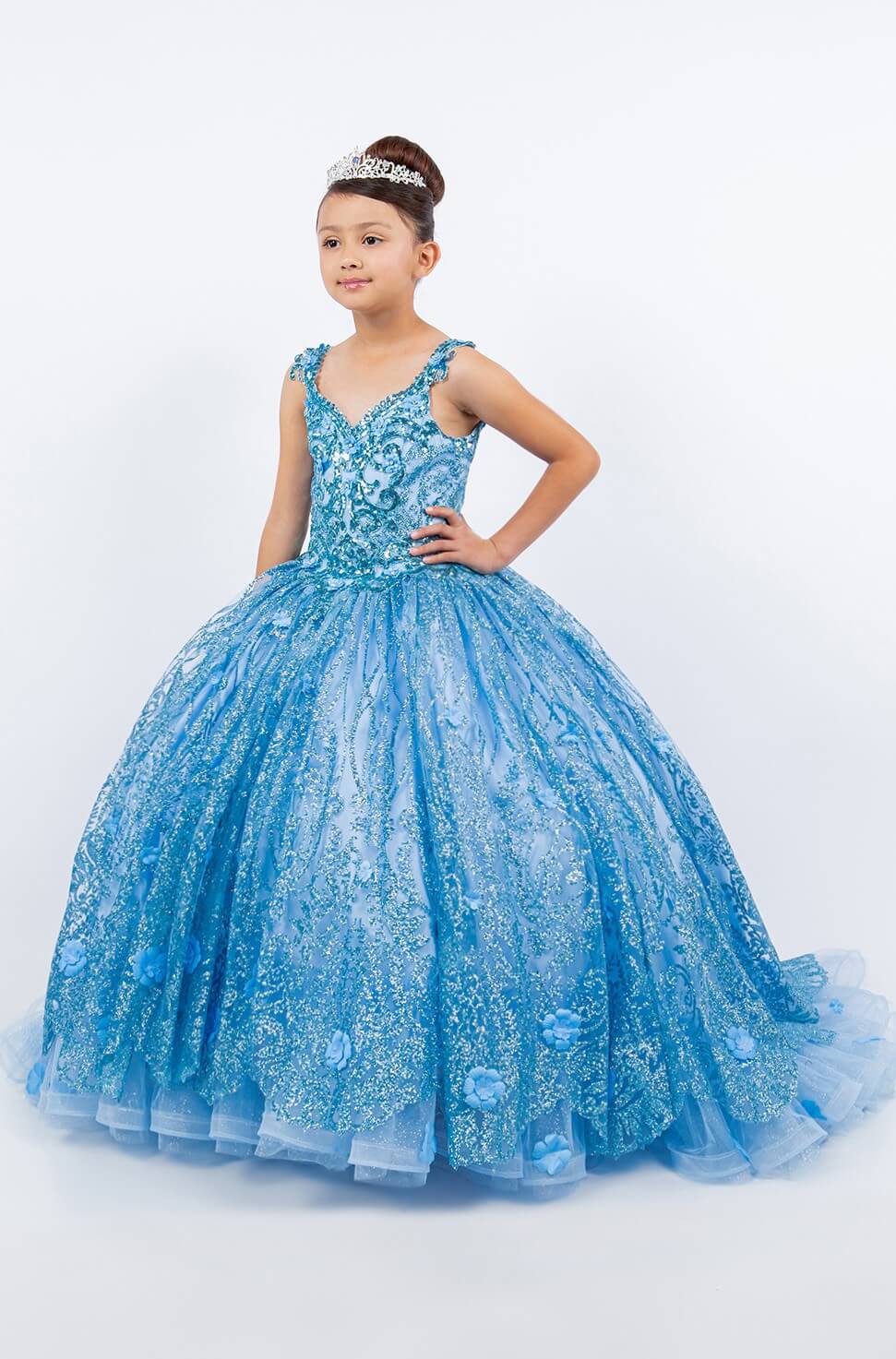 Blue V Neck Floor Length Glitter Tulle Flower Girl Quinceanera Ball Gown with Lace Applique and Corset Back Cinderella Couture 8110