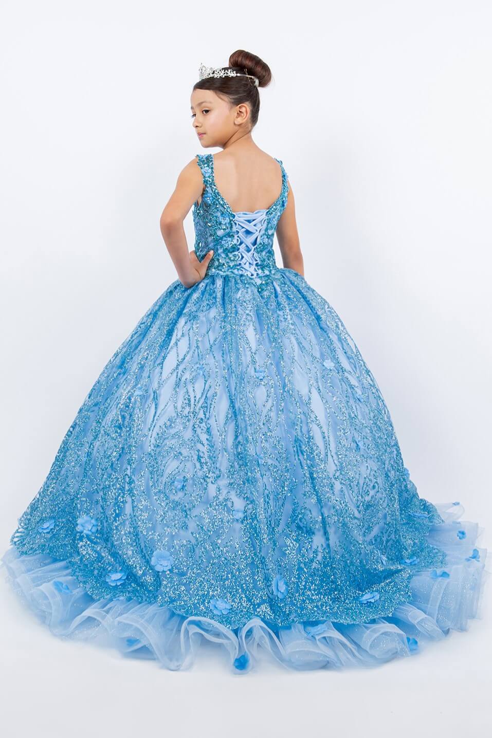 Blue V Neck Floor Length Glitter Tulle Flower Girl Quinceanera Ball Gown with Lace Applique and Corset Back Cinderella Couture 8110