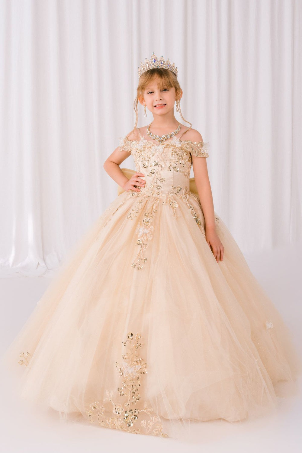 Wedding Dresses Glitter Long Formal Beaded Flower Girl Dress Champagne