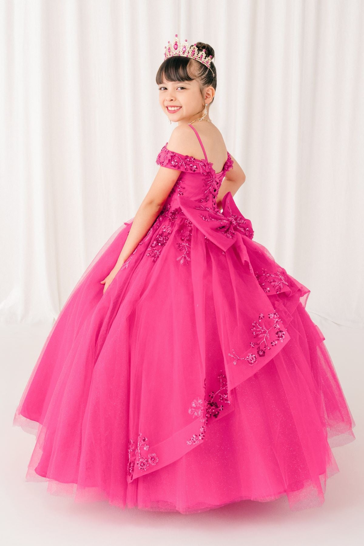 Wedding Dresses Glitter Long Formal Beaded Flower Girl Dress Fuschia