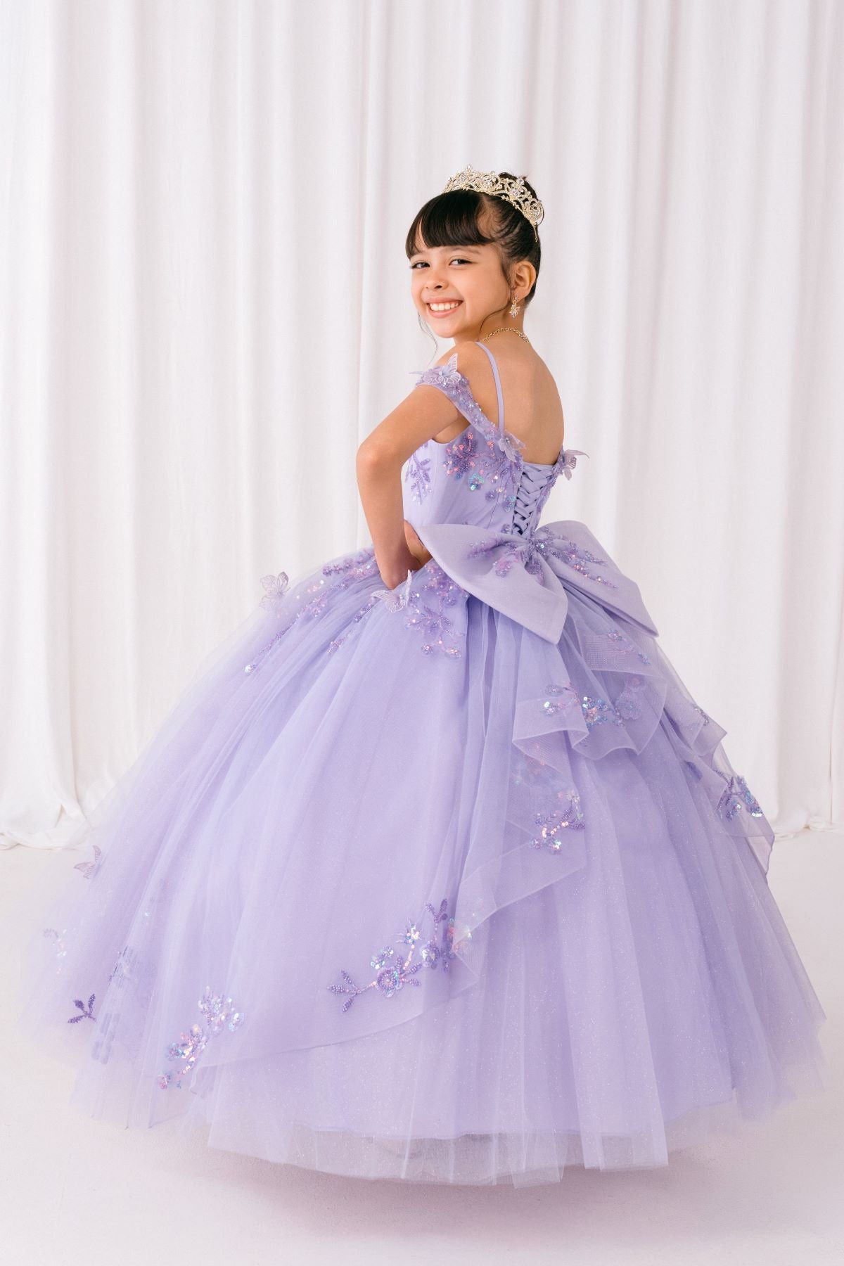 Wedding Dresses Glitter Long Formal Beaded Flower Girl Dress Lilac