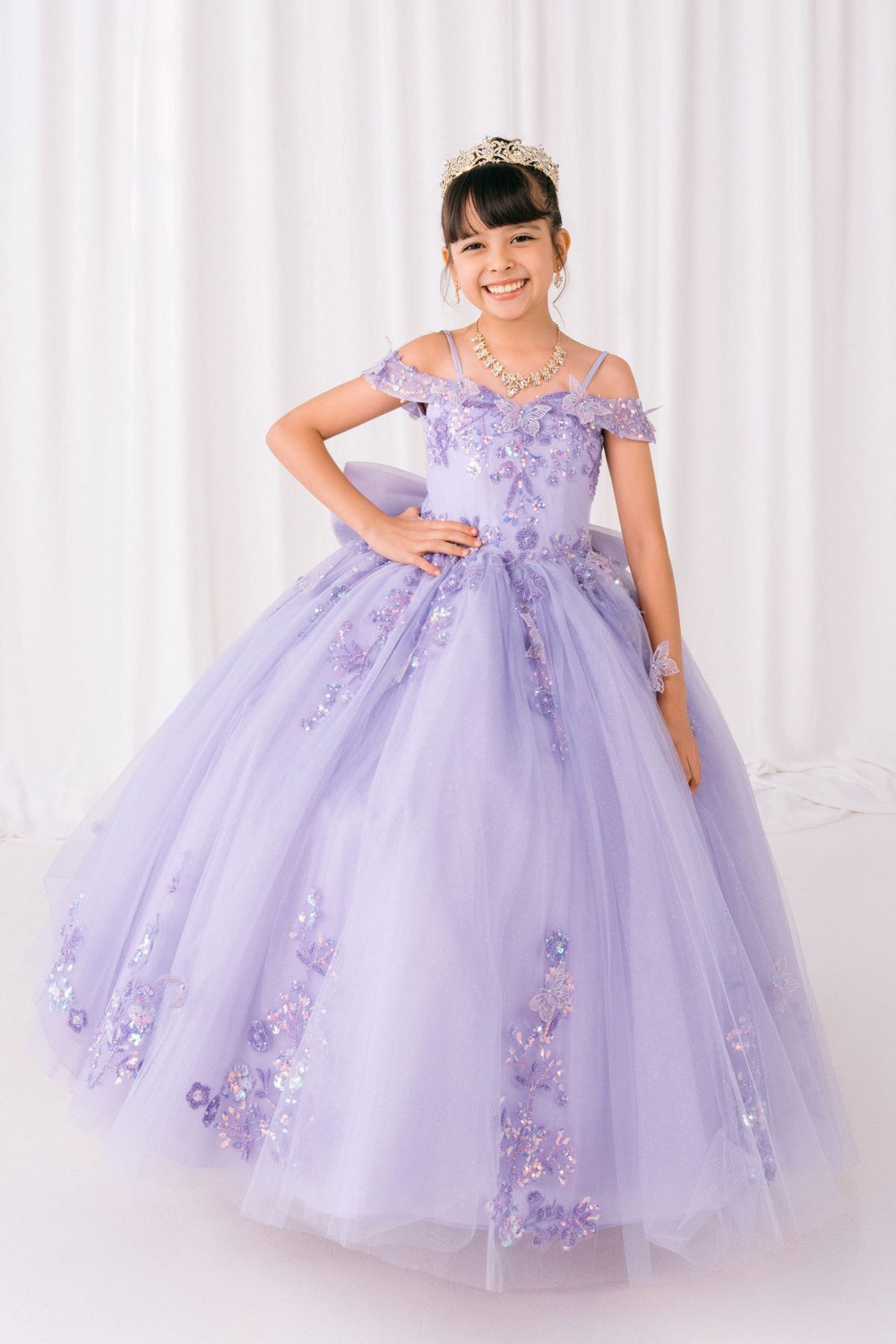 Wedding Dresses Glitter Long Formal Beaded Flower Girl Dress Lilac