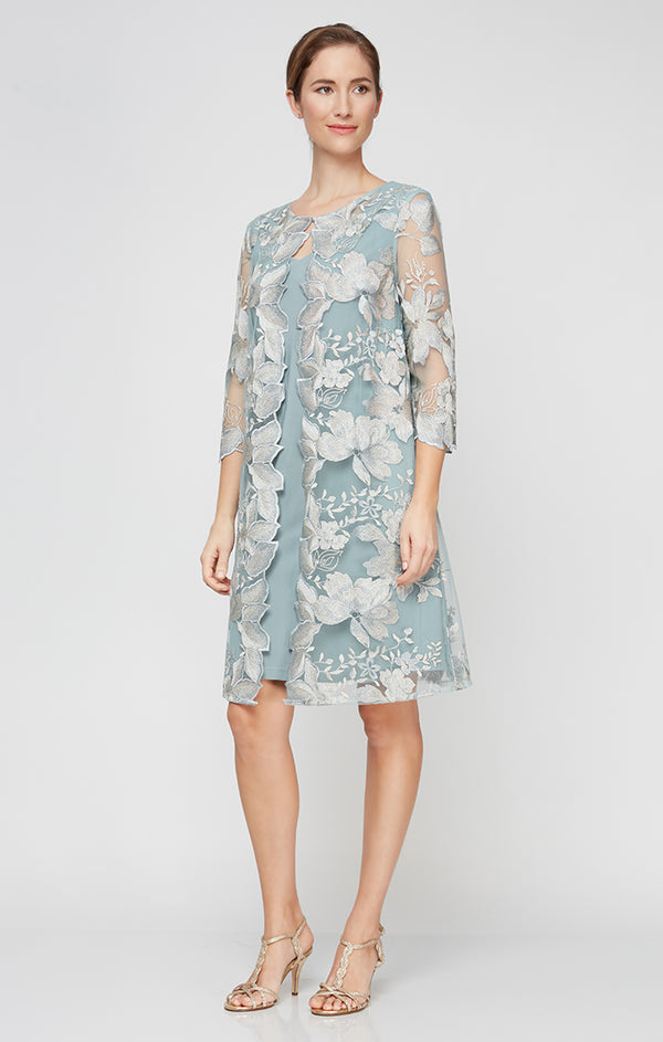 Ice Sage Scoop Neckline Petite Short Embroidered Elongated Lace Mock Jacket with Jersey Sheath Dress Alex Evenings 82122202