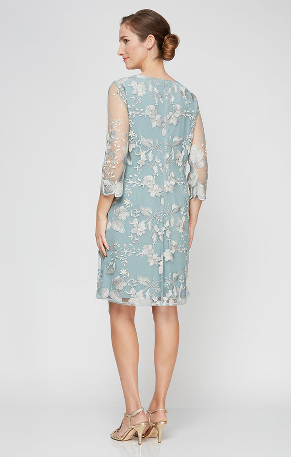Ice Sage Scoop Neckline Petite Short Embroidered Elongated Lace Mock Jacket with Jersey Sheath Dress Alex Evenings 82122202