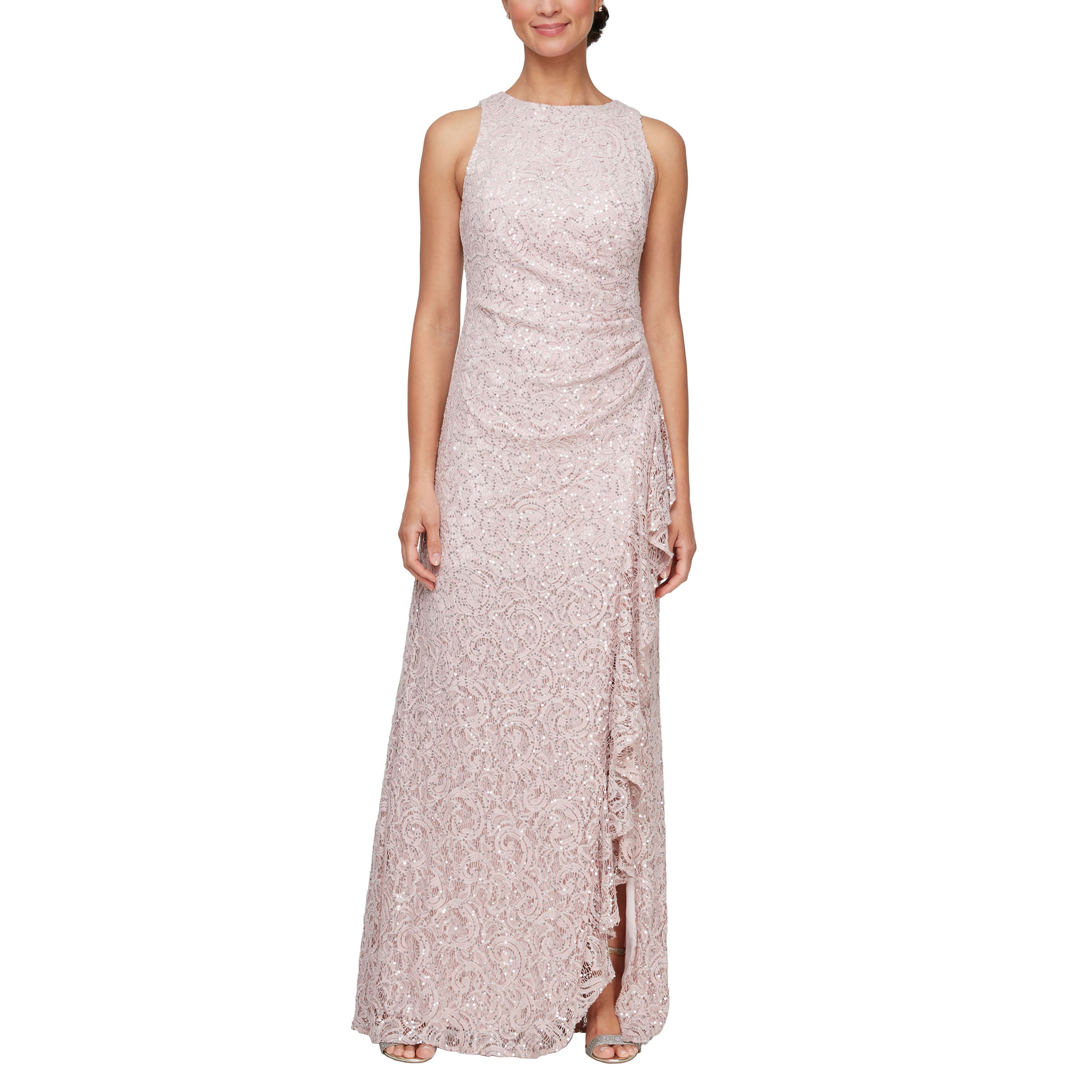 Shell Pink Alex Evenings 81122434 Long Sleeveles Formal Lace Dress
