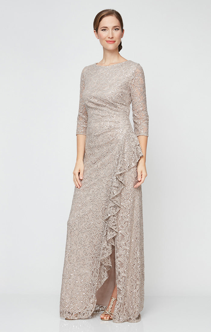 Mother of the Bride Dresses A Line Sequin Mother of the Bride Ruffle Long Formal Petite Dress Buff