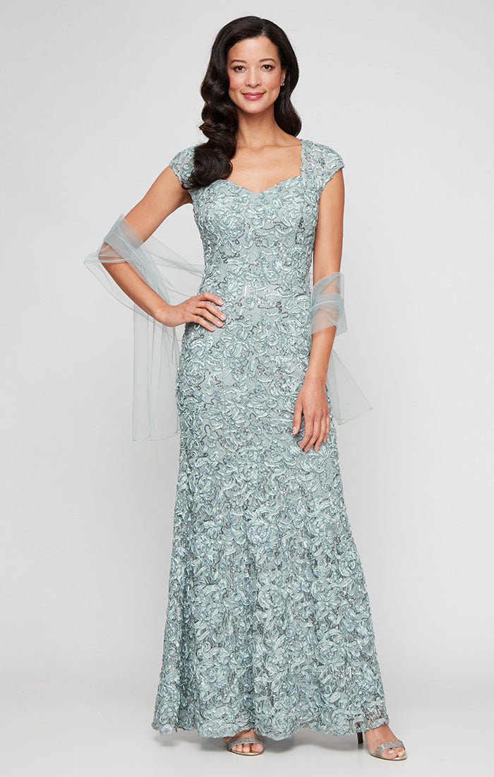 Sweetheart Floor-Length Lace Formal Dress with Floral Texture and Sheer Shawl Petite Alex Evenings 82122588