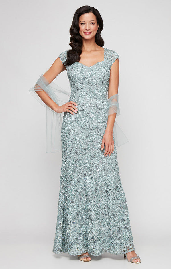 Sweetheart Floor-Length Lace Formal Dress with Floral Texture and Sheer Shawl Petite Alex Evenings 82122588