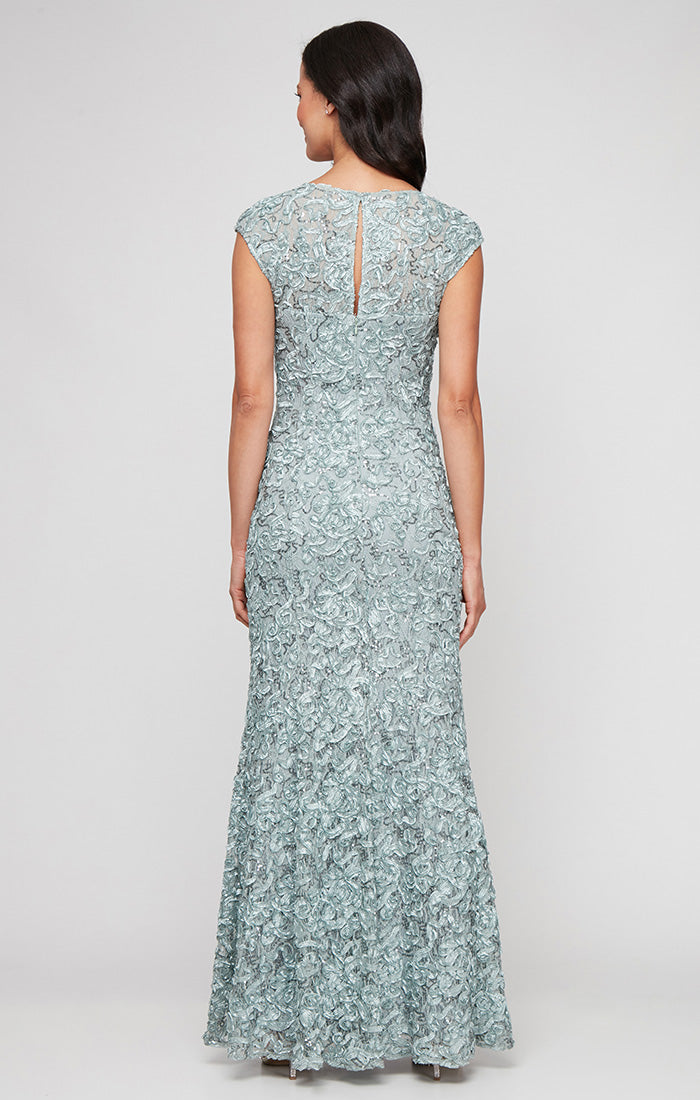 Ice Sage Sweetheart Floor-Length Lace Formal Dress with Floral Texture and Sheer Shawl Petite Alex Evenings 82122588