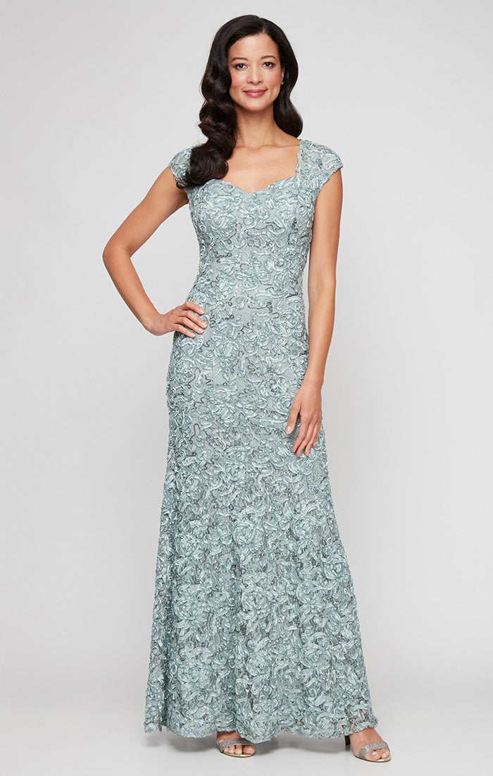 Ice Sage Sweetheart Floor-Length Lace Formal Dress with Floral Texture and Sheer Shawl Petite Alex Evenings 82122588