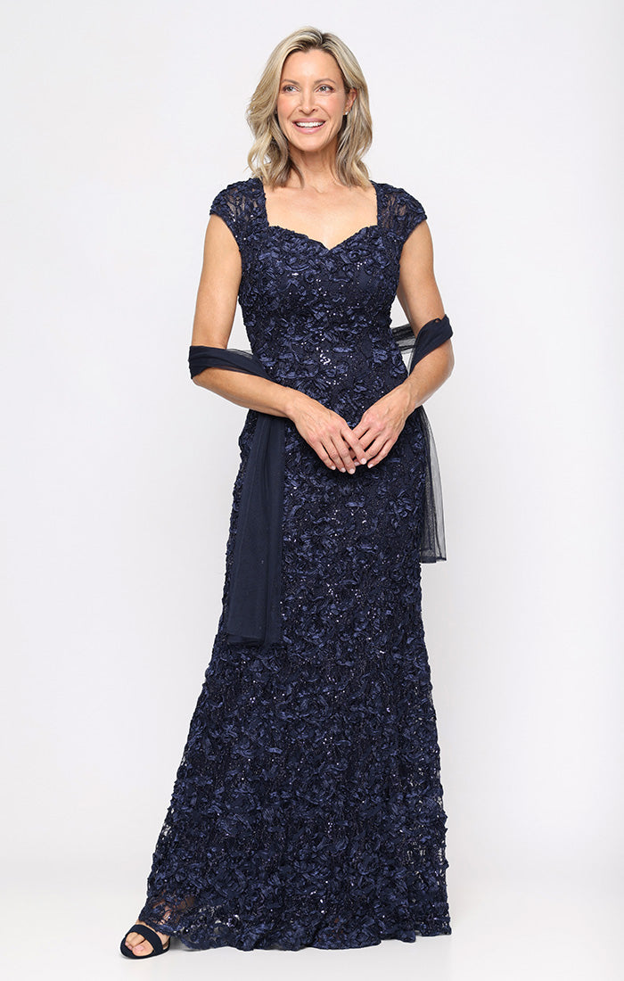Navy Sweetheart Floor-Length Lace Formal Dress with Floral Texture and Sheer Shawl Petite Alex Evenings 82122588