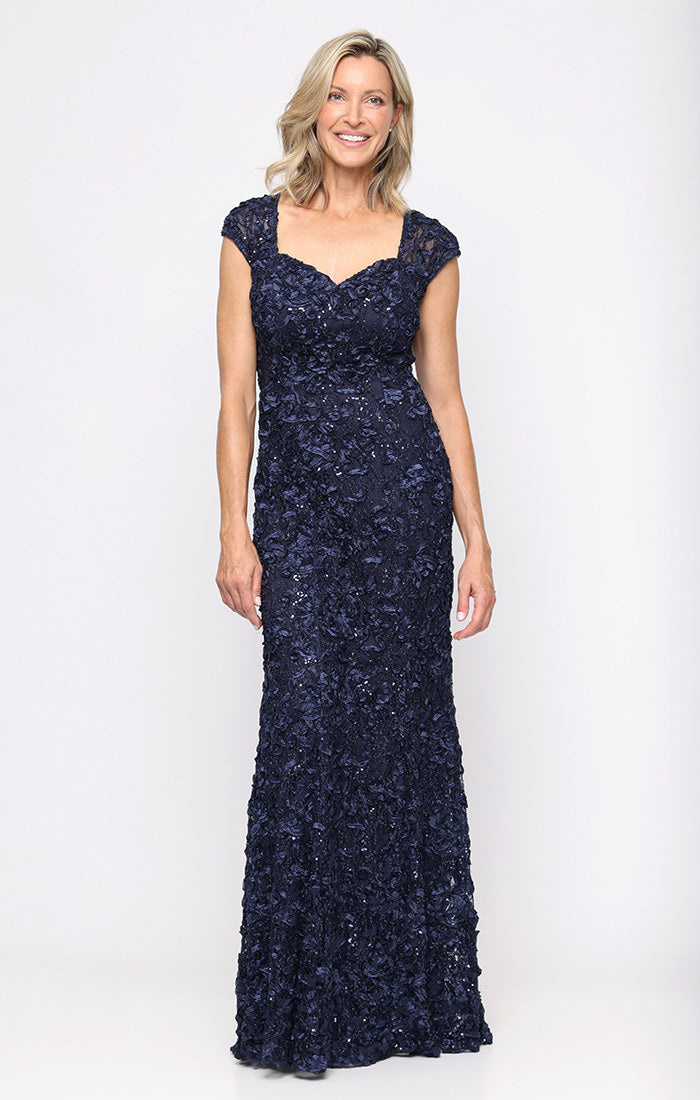 Navy Sweetheart Floor-Length Lace Formal Dress with Floral Texture and Sheer Shawl Petite Alex Evenings 82122588