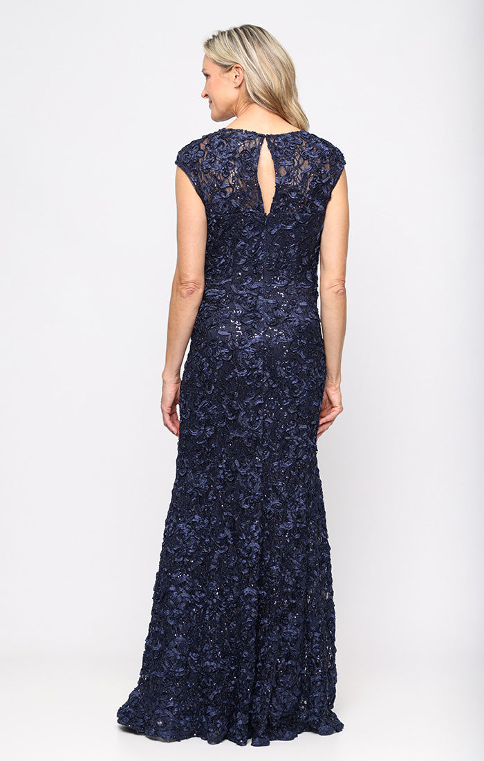 Navy Sweetheart Floor-Length Lace Formal Dress with Floral Texture and Sheer Shawl Petite Alex Evenings 82122588