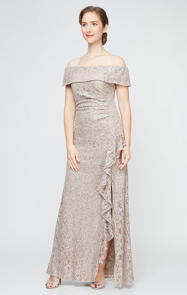 Alex Evenings 81122594 Long Ruffle Formal Sequin Lace Evening Dress