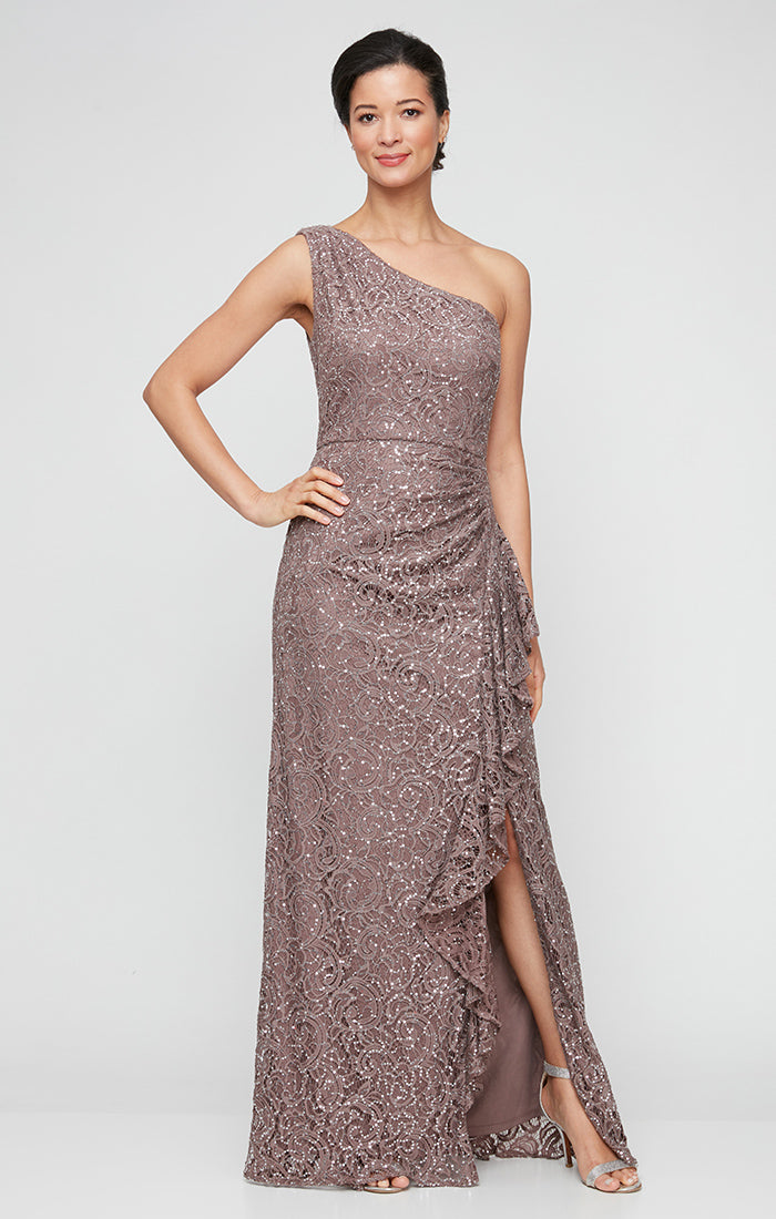 Alex Evenings Petite Long One Shoulder Dress with Cascade Ruffle Detail Mocha / 8p Alex Evenings Petite Long One Shoulder Dress with Cascade Ruffle Detail Mocha / 8p
