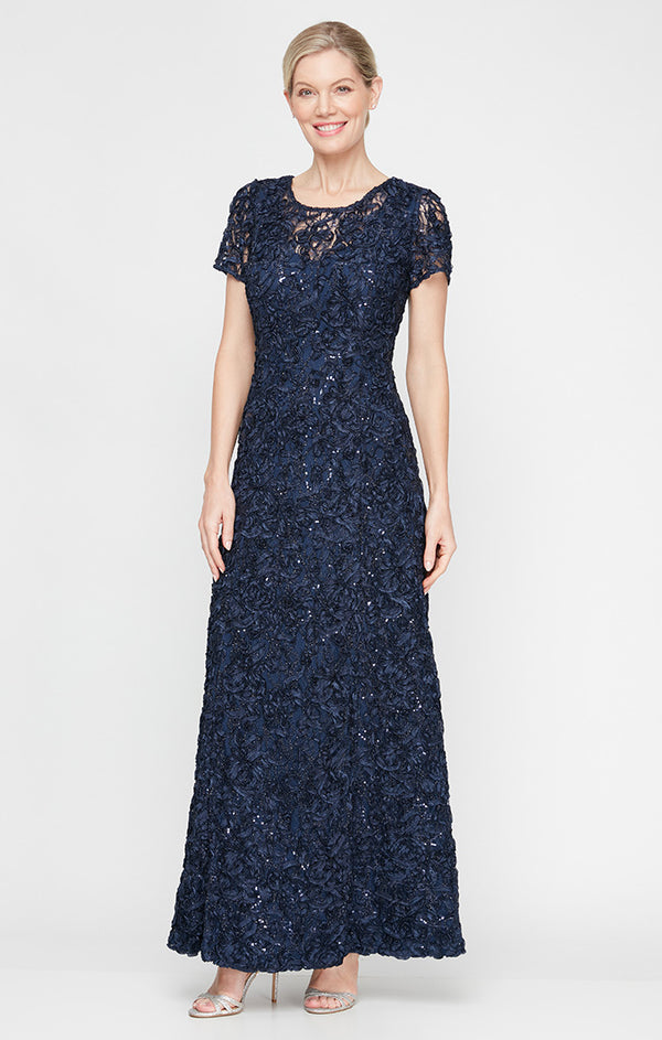 Navy Scoop Neck Floor-Length Lace Formal Gown Sequin A Line Dress Alex Evenings 84122670