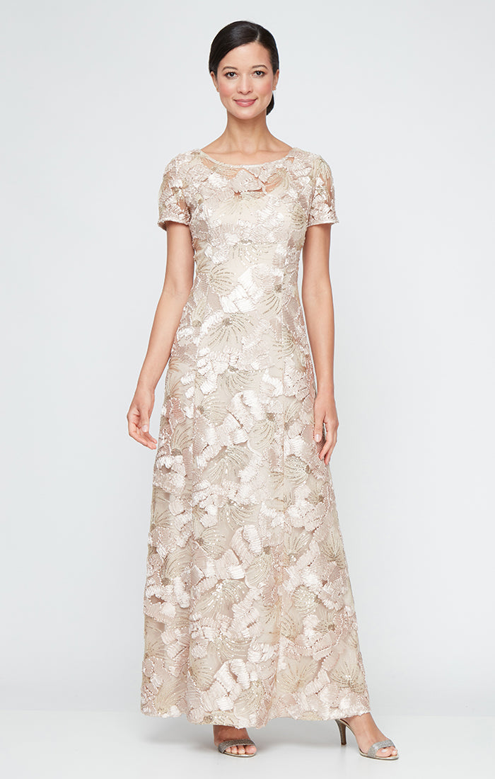 Alex Evenings Soutache A-Line Dress with Short Sleeves CHAMPAGNE / 8