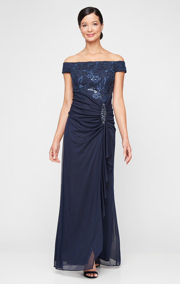 Navy Off-the-Shoulder Floor-Length Mesh Formal Lace Dress Alex Evenings 82122692