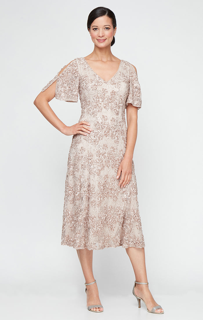 Alex Evenings 81122693 A Line Tea Length Formal Sequin Cocktail Dress