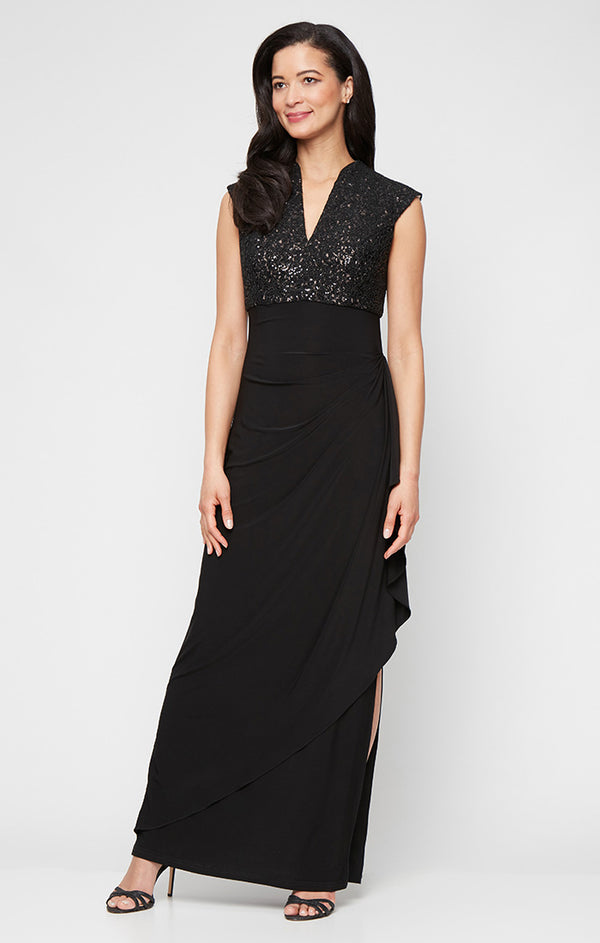 Black Nude V-Neck Floor-Length Sequin Formal Dress Slit Alex Evenings 82122732