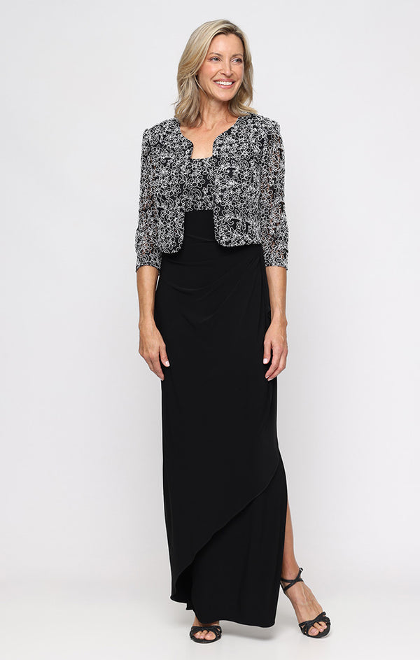 Black White Scoop Neckline Long Empire Waist Corded Lace Dress with Bolero Jacket and Matte Jersey Cascade Detail Skirt Alex Evenings 81122763