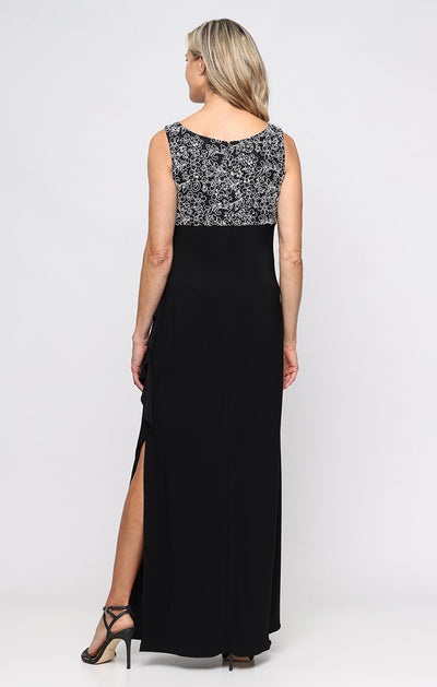 Black White Scoop Neckline Long Empire Waist Corded Lace Dress with Bolero Jacket and Matte Jersey Cascade Detail Skirt Alex Evenings 81122763