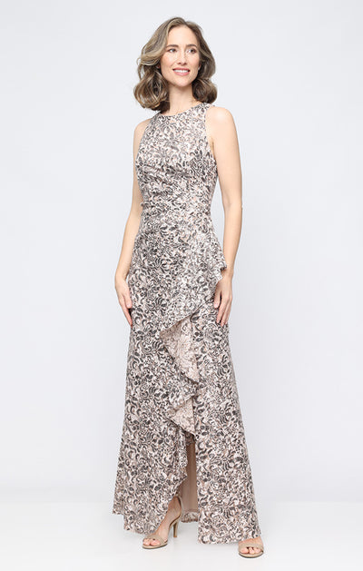 Mink Scoop Neckline Floor-Length Lace Dress with Cascade Detail Skirt Alex Evenings 82122785