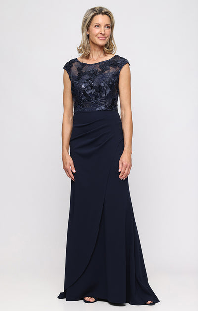 Navy Illusion Neckline Floor-Length Stretch Crepe Evening Dress with Embroidery Alex Evenings 82122791