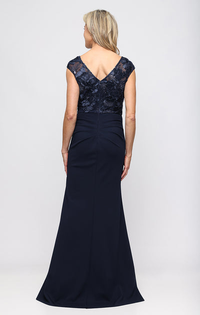 Navy Illusion Neckline Floor-Length Stretch Crepe Evening Dress with Embroidery Alex Evenings 82122791