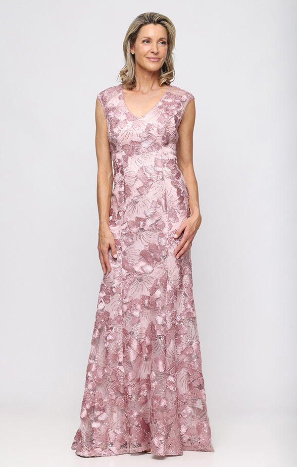 Rose V-Neck Petite Long Sleeveless Soutache Dress with Cascading Skirt Alex Evenings 82122796