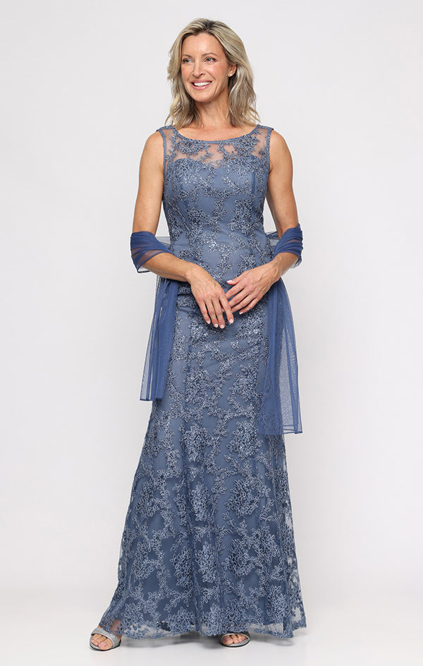 Vintage Blue Illusion Sweetheart Neckline Petite Long Sleeveless Embroidered Dress with Matching Shawl Alex Evenings 82171128
