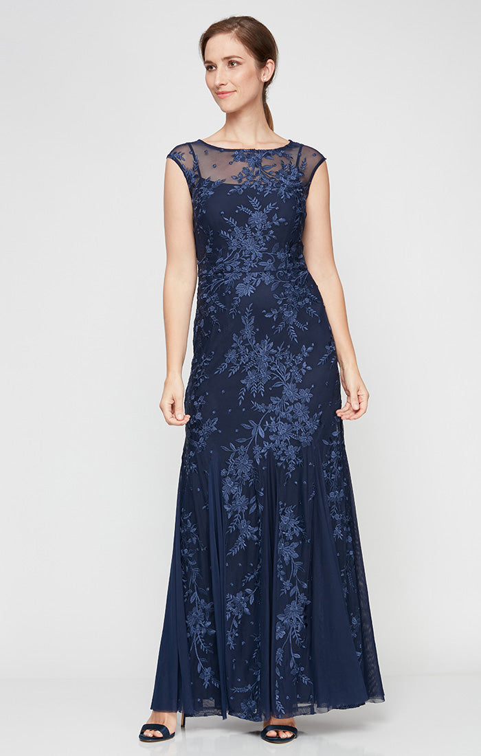 Alex Evenings Kelsey Embroidered Godet Detail Dress Navy / 8 Alex Evenings Kelsey Embroidered Godet Detail Dress Navy / 8