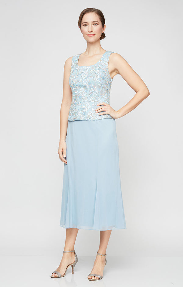 Ice Blue Square Neck Tea-Length Chiffon Cocktail Dress with Lace Jacket Alex Evenings 82171364