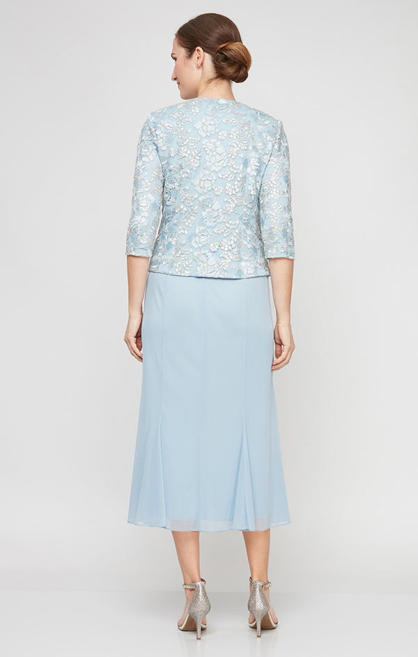 Light Blue Square Neck Tea-Length Chiffon Cocktail Dress with Lace Jacket Alex Evenings 81171364