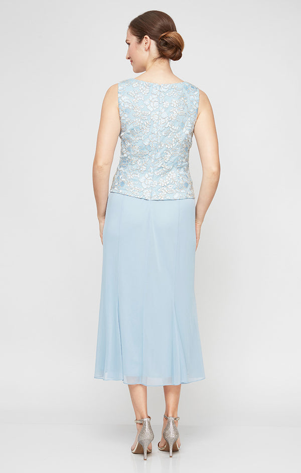 Light Blue Square Neck Tea-Length Chiffon Cocktail Dress with Lace Jacket Alex Evenings 81171364